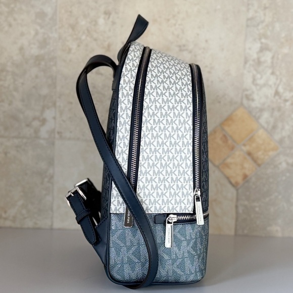 Michael Kors Rhea Medium Backpack MK Glitter Blue/White - Picture 6 of 12